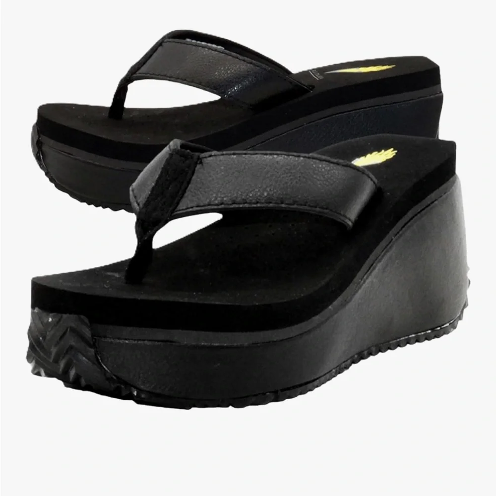 LIKE NEW w/Box Volatile Black Wedge Leather Platform Sandals - Picture 1 of 13